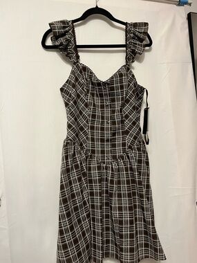 City Triangles Brown Plaid Ruffle Strap Mini Dress